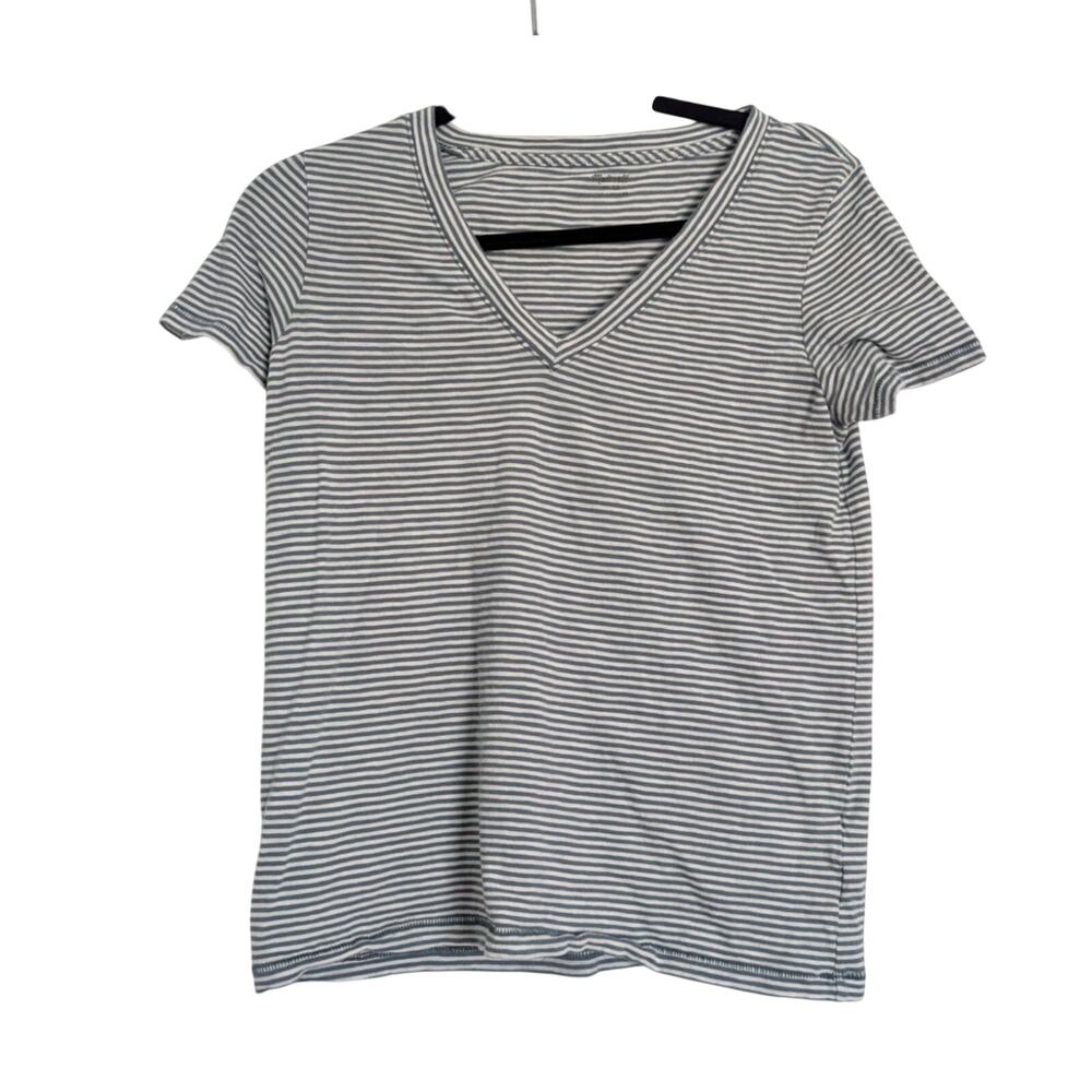 Women's Madewell XS V Neck Blue White Striped Casual Boxy T Shirt Staple